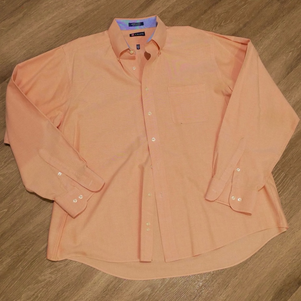 Chaps‎ Mens Peach Orange Wrinkle Free Button Down Dress Shirt 17-17.5 36/37 XL